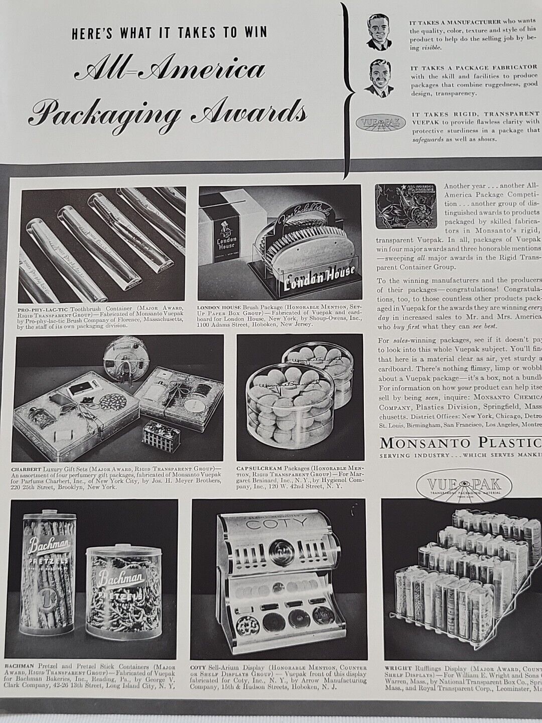1940 Monsanto Plastics Fortune WW2 Print Ad All-American Packaging Awards