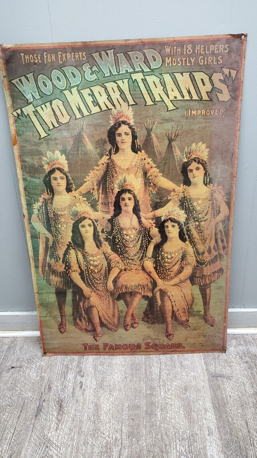 Antique Vintage Burlesque Dancer Girls Sign Wood & Ward Two Merry Tramps