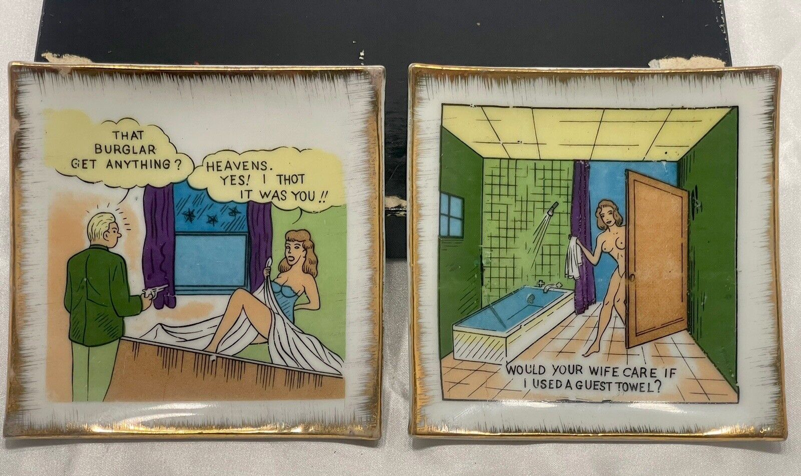 VNTG Bradley Exclusives Japan Ceramic Square Humorous Wall Plates Boxed Set of 2
