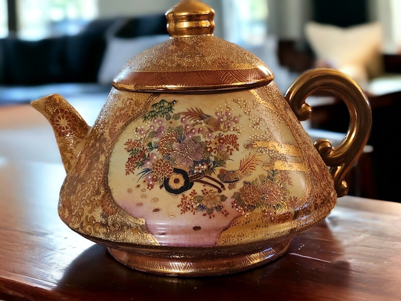 Satsuma Large Teapot, Detailed Ornate Pattern, Peacock, Floral Pattern, China