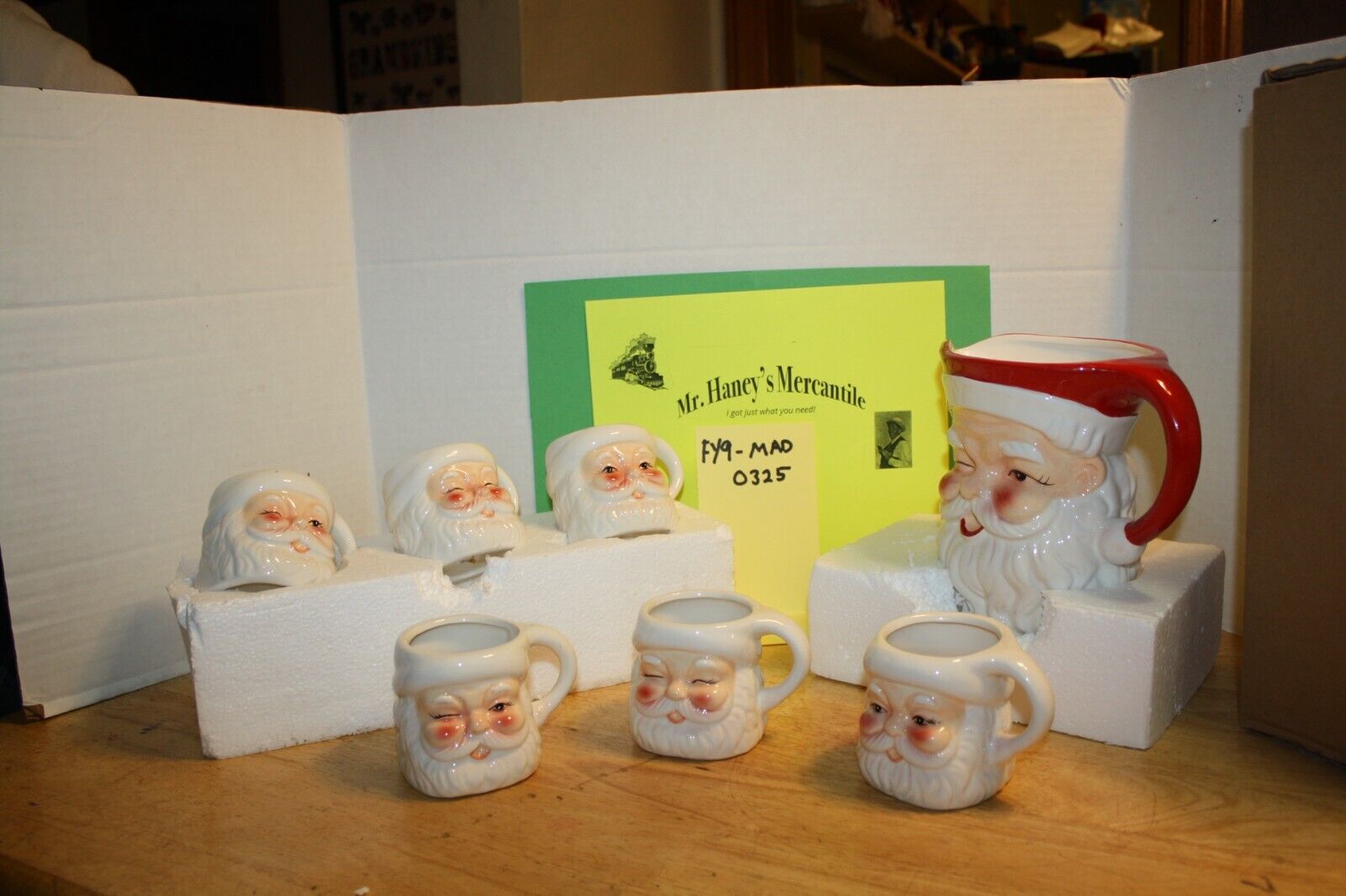 NIB 7pc. Santa Pitcher & Mug Set - Quart Pitcher, mugs hold one cup. multi color