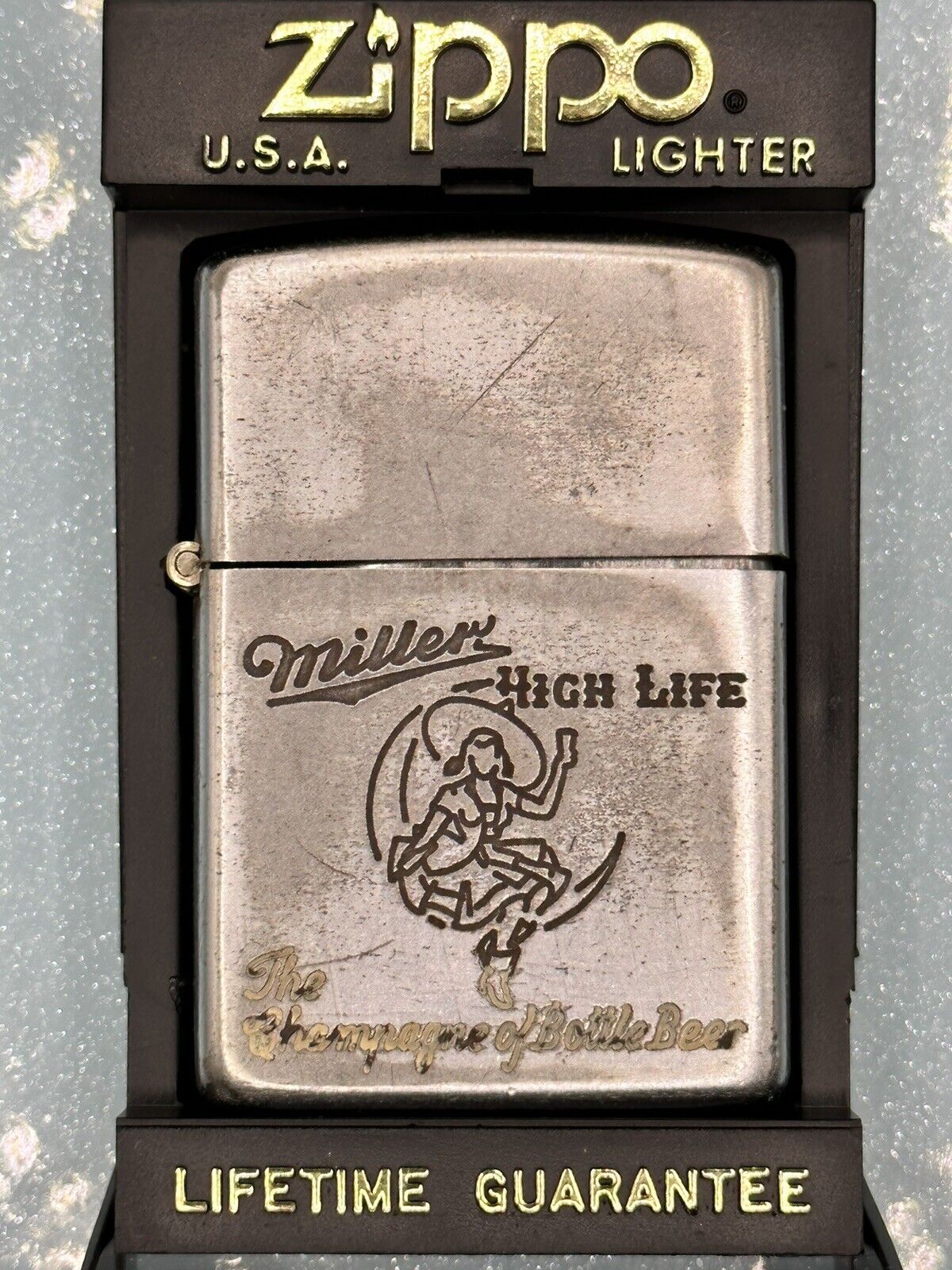 Vintage 1950-1957 Miller High Life Champagne Of Beers Chrome Zippo Lighter