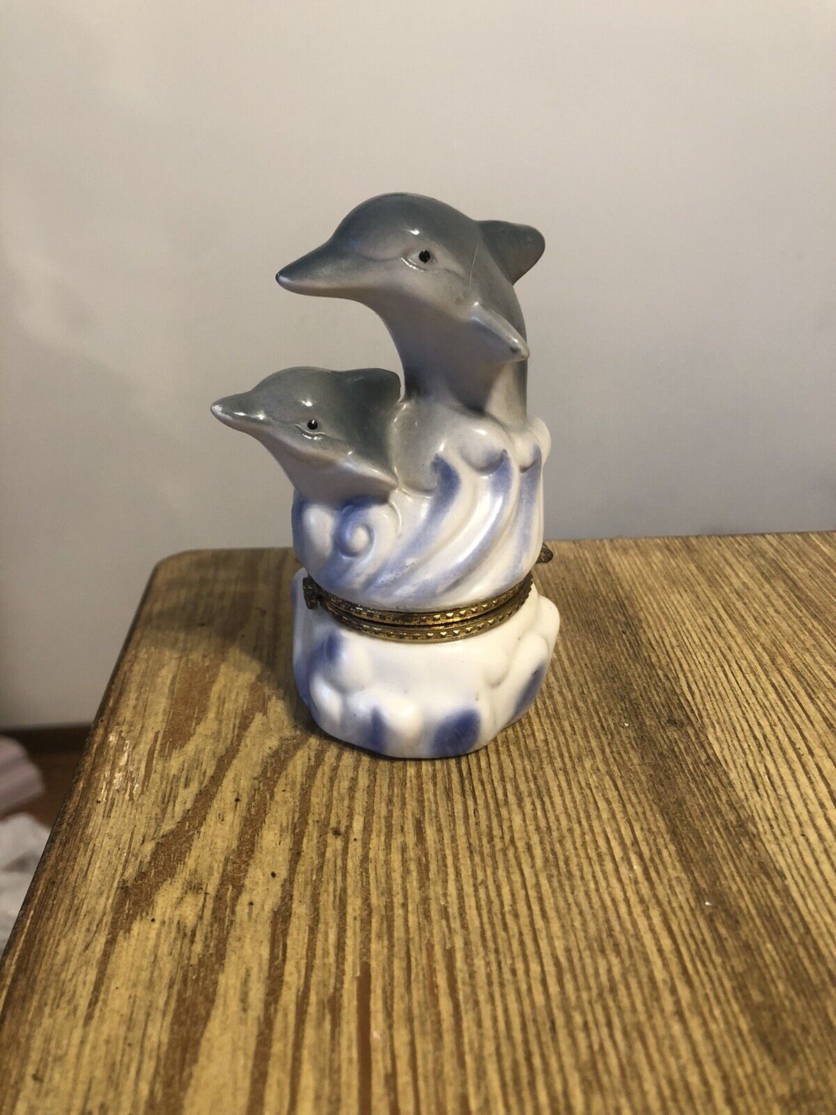 Vintage Dolphin Couple  Trinket Box  Porcelain 4”