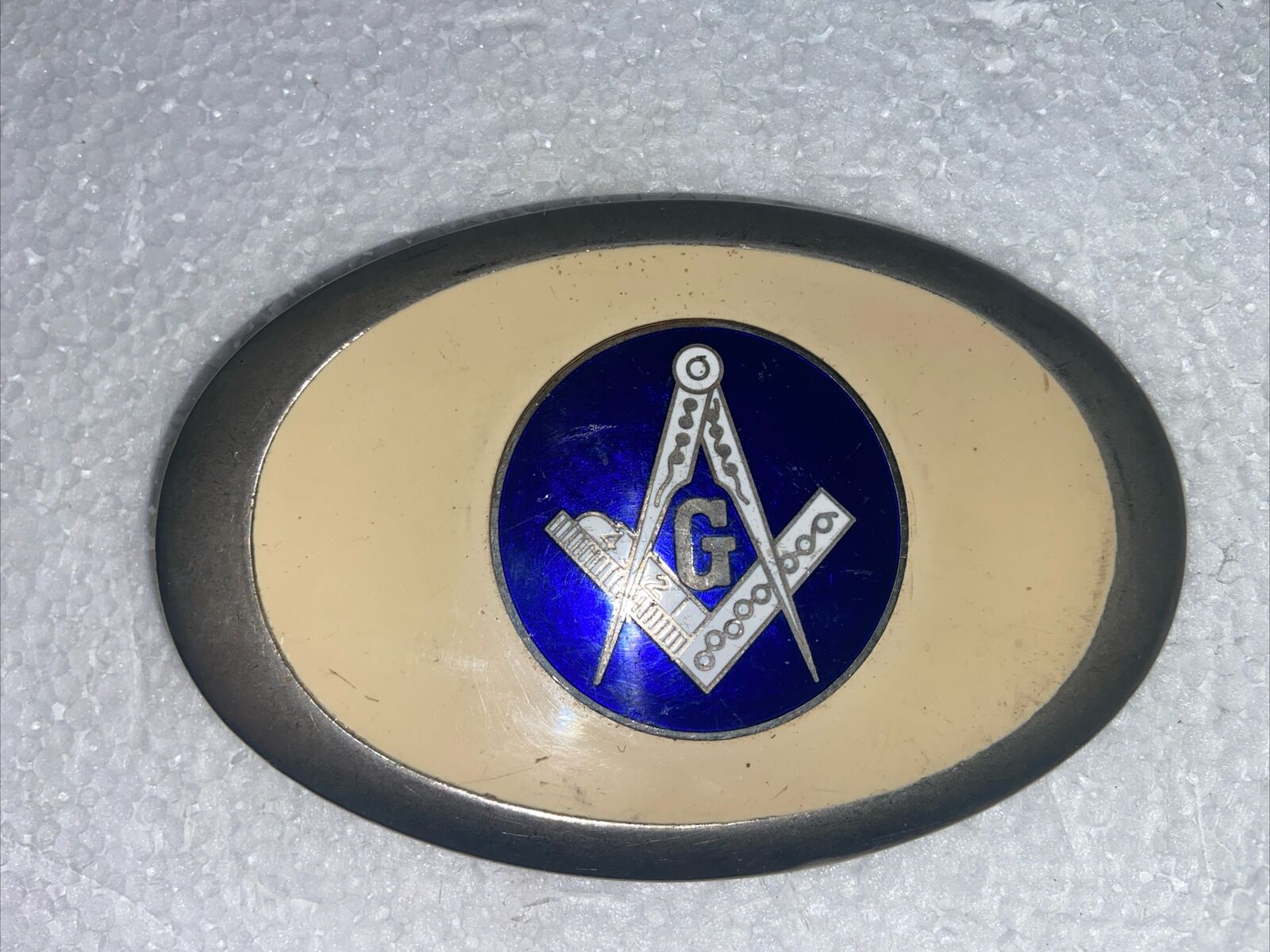 Masonic Freemason 4” Belt Buckle Chrome Outer Cream Enamel And Blue Center