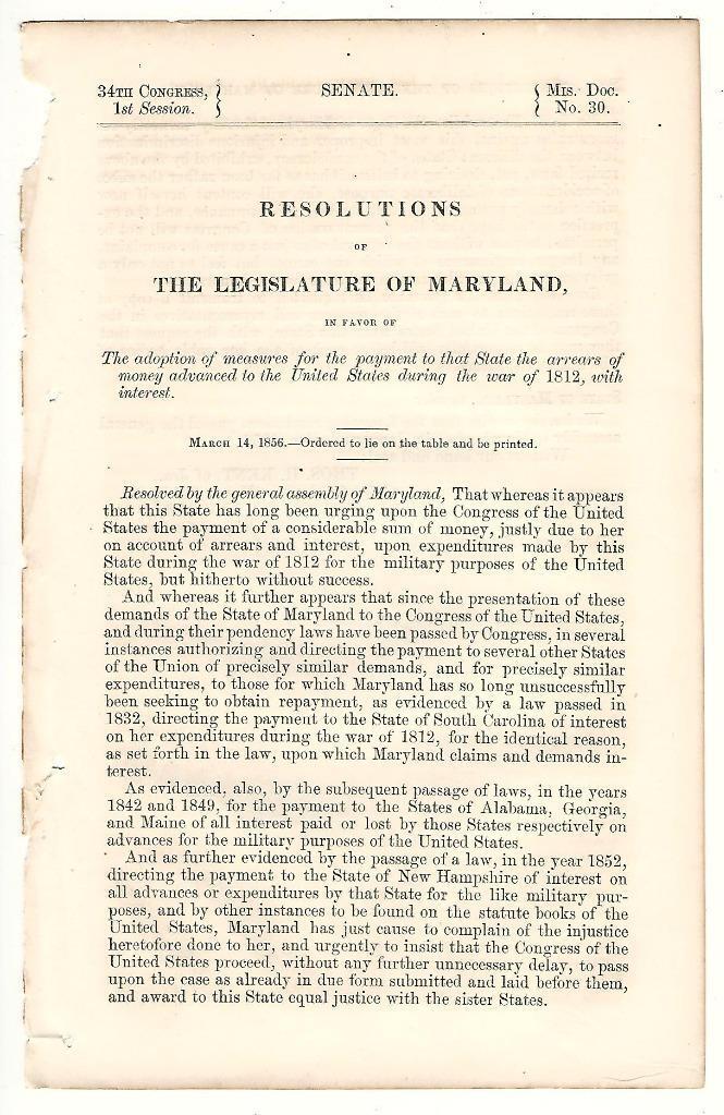 Maryland Legislature Resolutions Re: Payment to State of War of 1812 Arrears