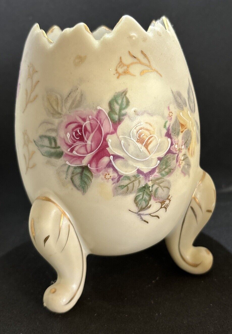 Inarco 5” Footed Cracked Egg Vase Pink & White Roses