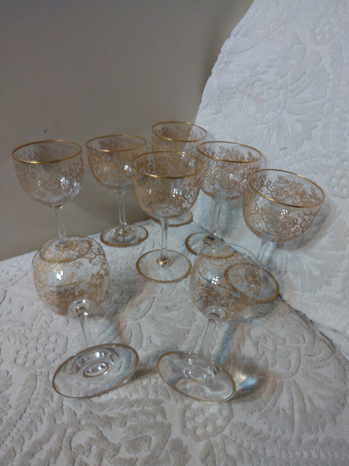 Antique Moser Wine Crystal Glass Stemware Set of 8 Gold Gilt 4 1/2