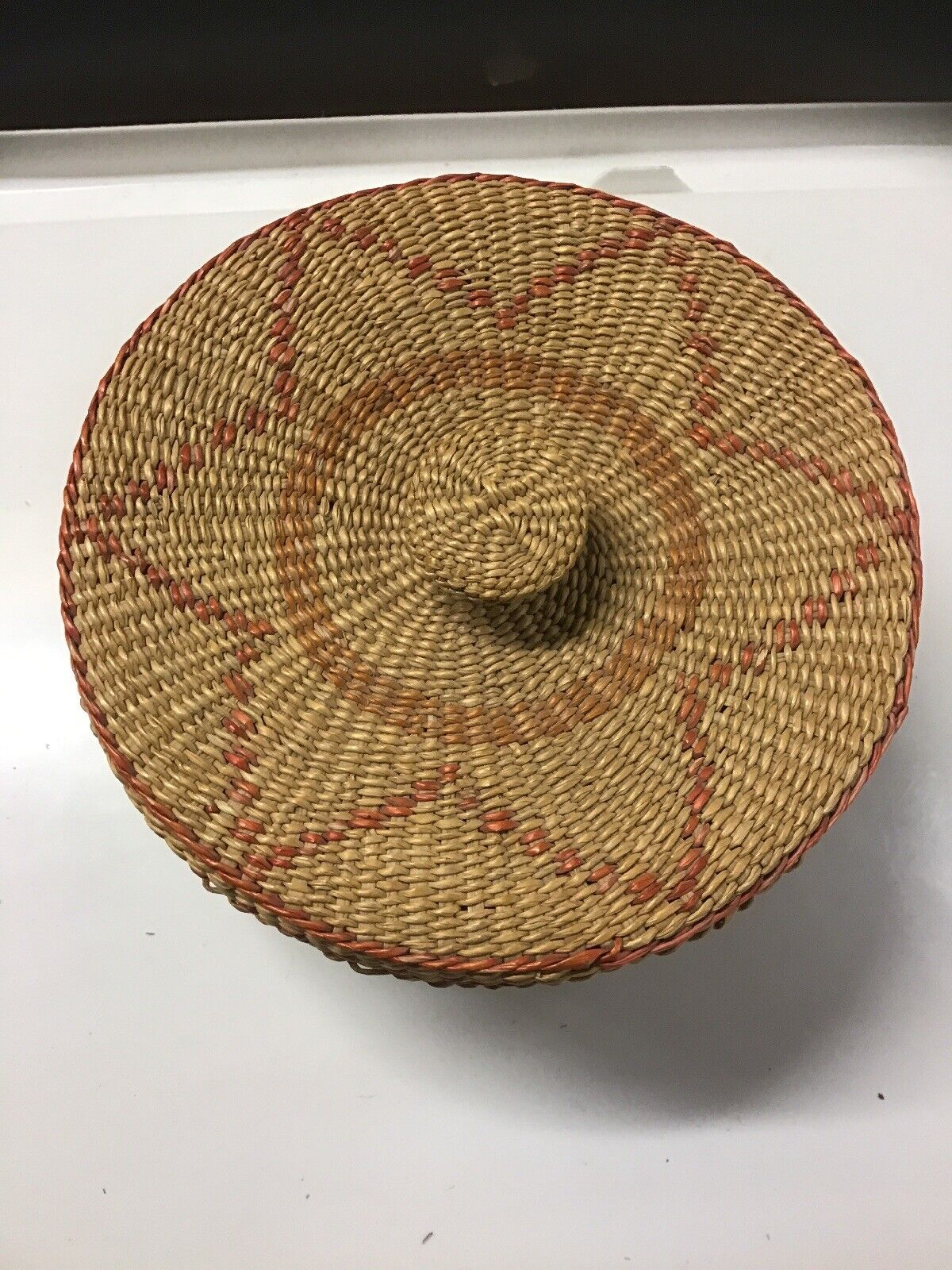 Vintage  Round Lidded Basket Tight Weaved 