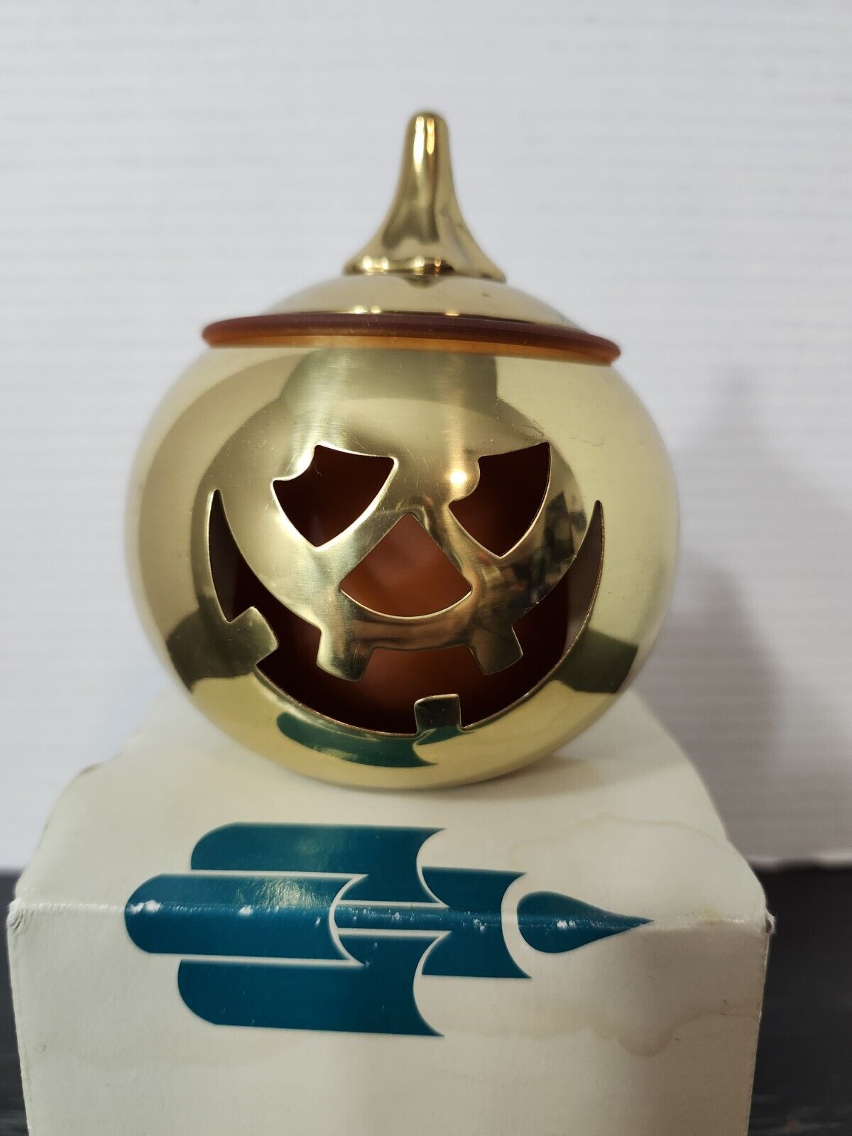 PartyLite Jack-O-Lantern Votive Holder Brass & Glass with Original Box P0138