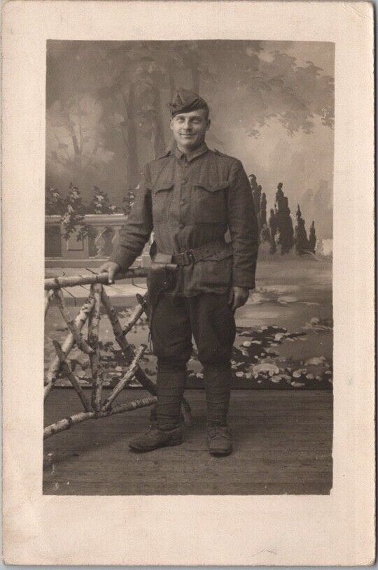 1910s Military Photo RPPC Postcard Young Soldier in Uniform /Studio Portrait