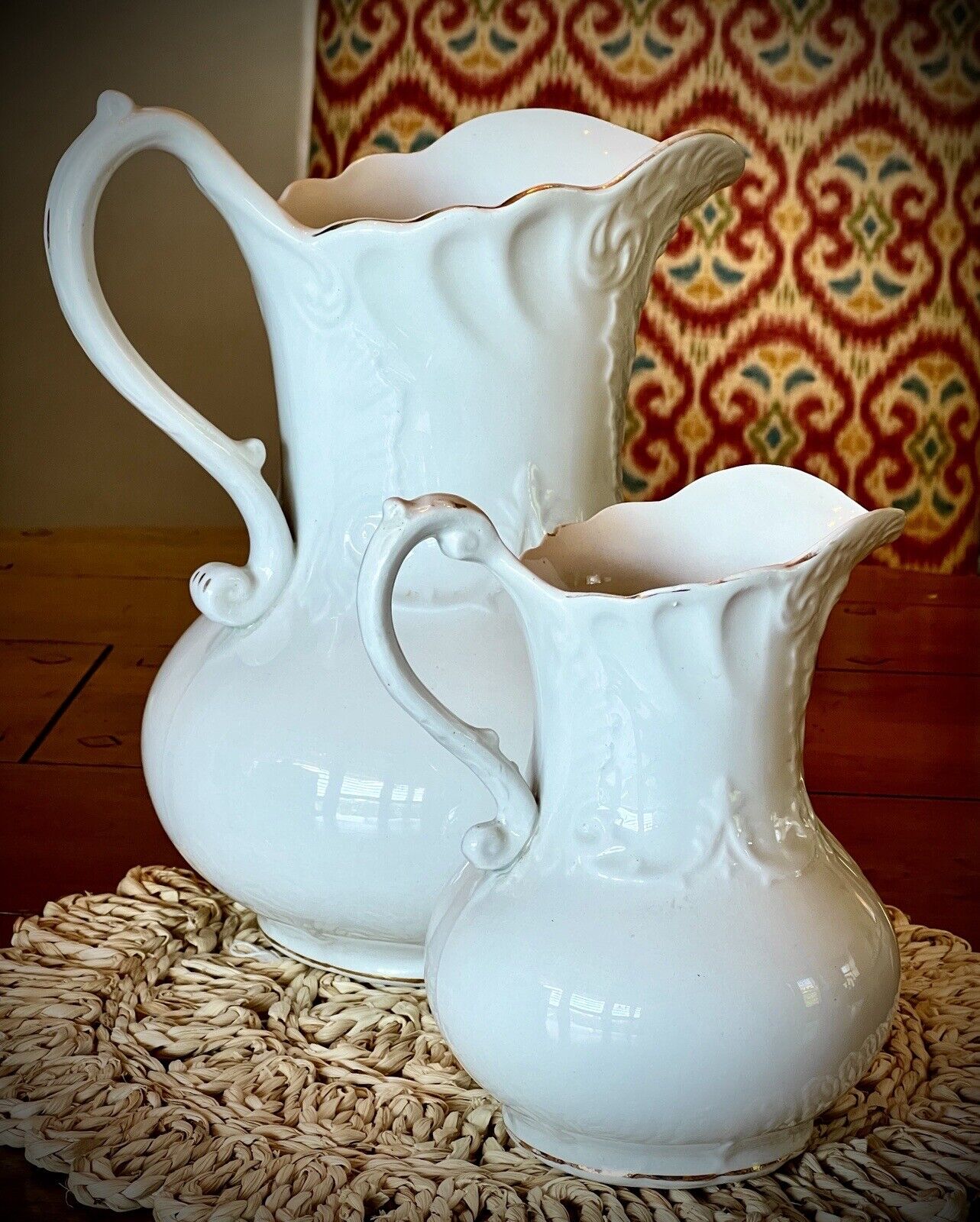 Stunning Pair Of Cuban WEPCO. Antique Porcelain White Pitchers