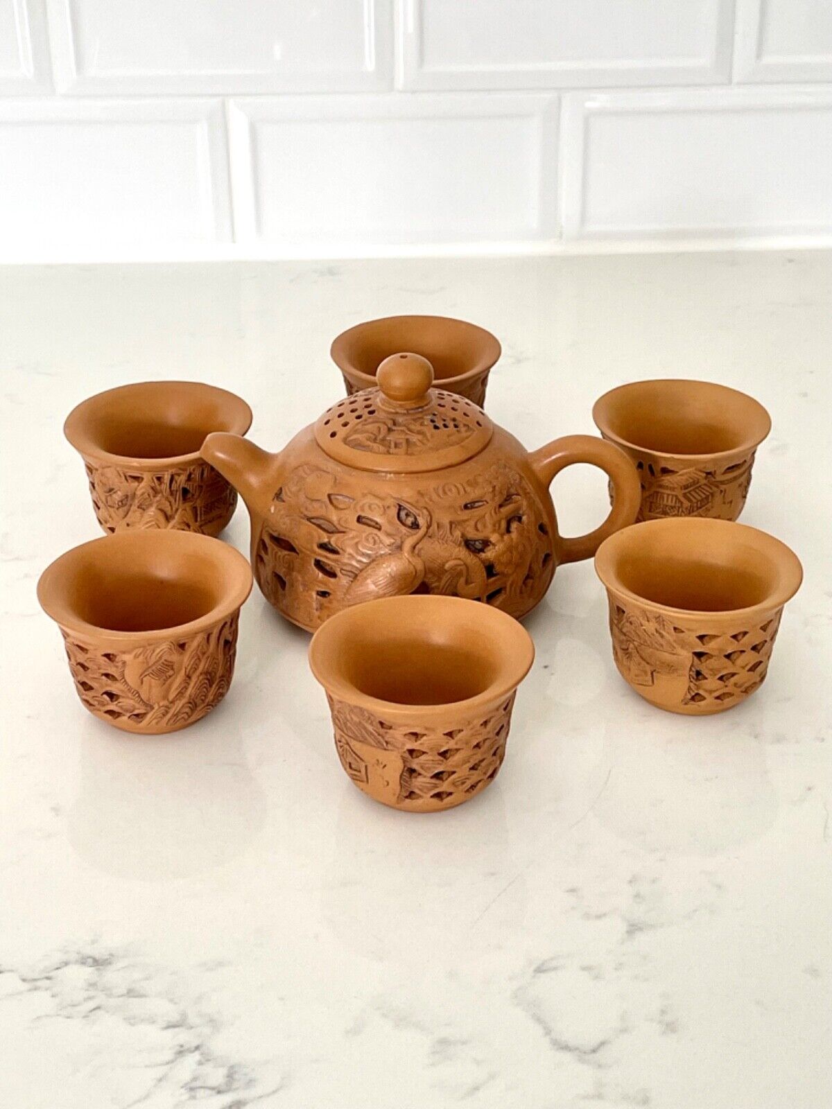 YIXING TEAPOT w/6 CUPS Pierced Double Wall Clay Pottery 3” Tall Pot