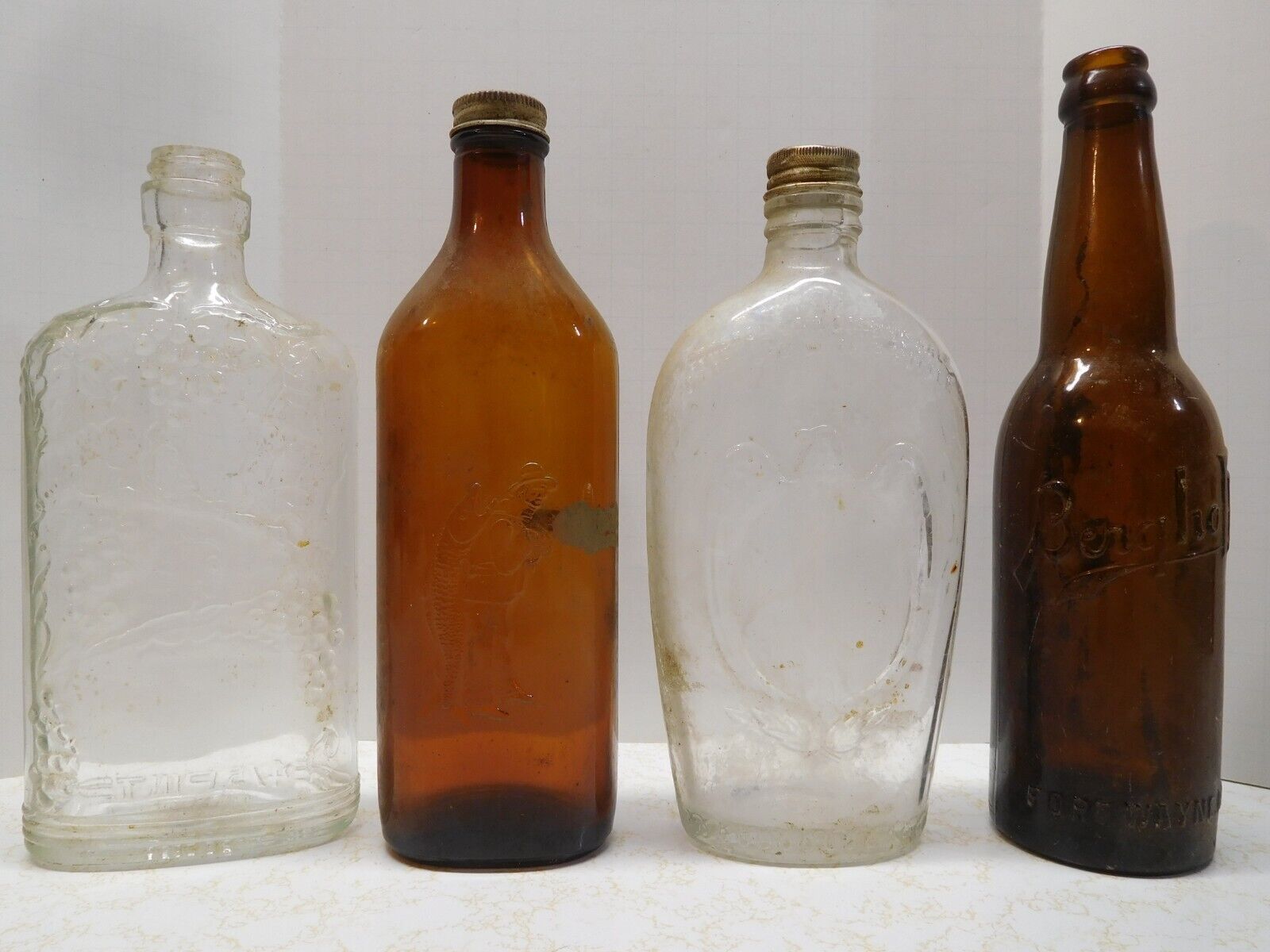 4 Antique/Vintage Bottles ~Berghoff,Cod Liver Oil Brown & Ball Wine,Whisky Clear