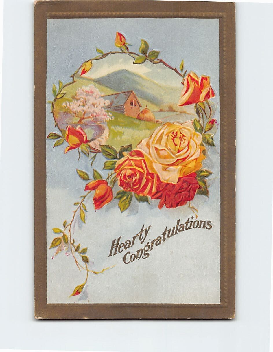 Postcard Hearty Congratulations Flower Art Print Embossed Card