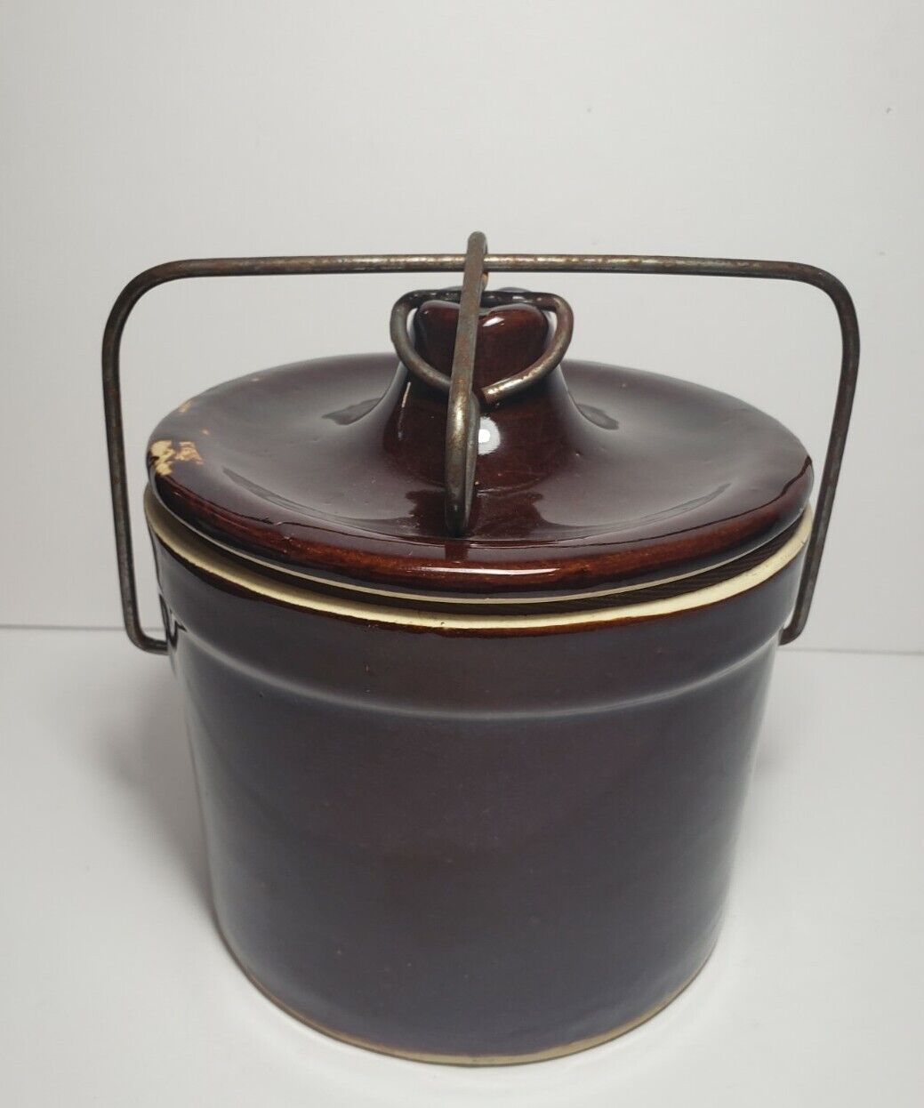 Stoneware Crock Cheese/Butter Wire Bail Handle Brown Vintage 7\