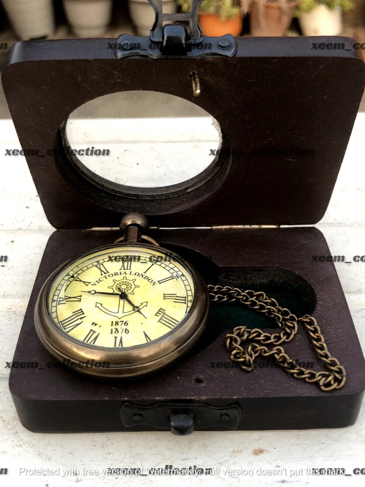  Vintage Brass Clock Victoria London 1875 Marine with wooden Box Pocket Watch