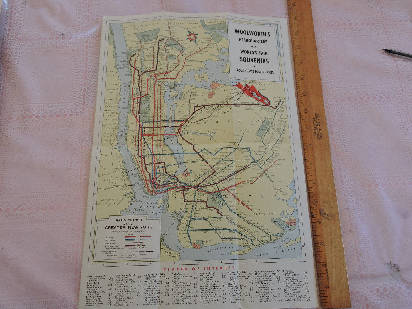 UNIQUE? Rare 1939 FW WOOLWORTH World\'s Fair NYC New York City SUBWAY System MAP 