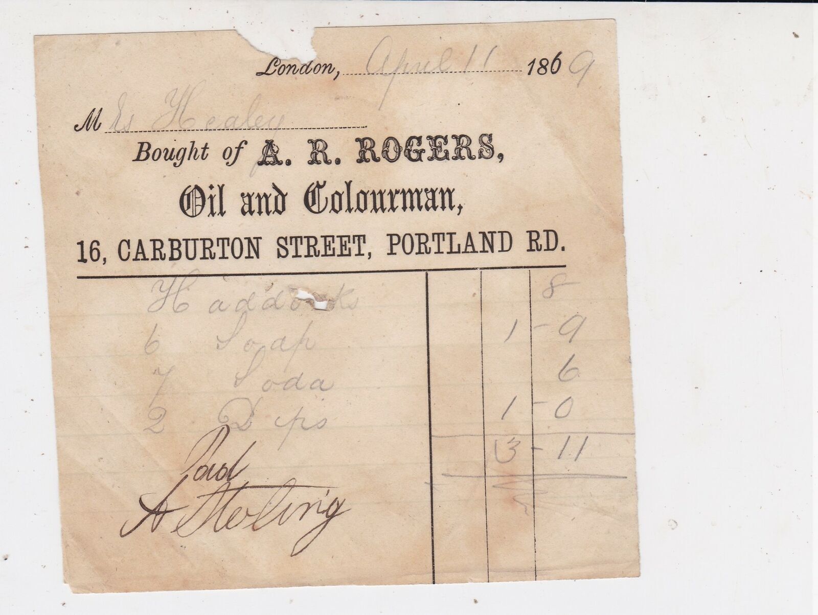 A.R. Rogers Portland Rd London April 1869 Oil and Colorman Paid Receipt Rf 39931