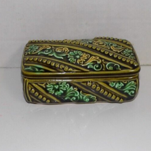 Vintage Trinket Box Green Color With Beaded & Floral Design Made In Japan 