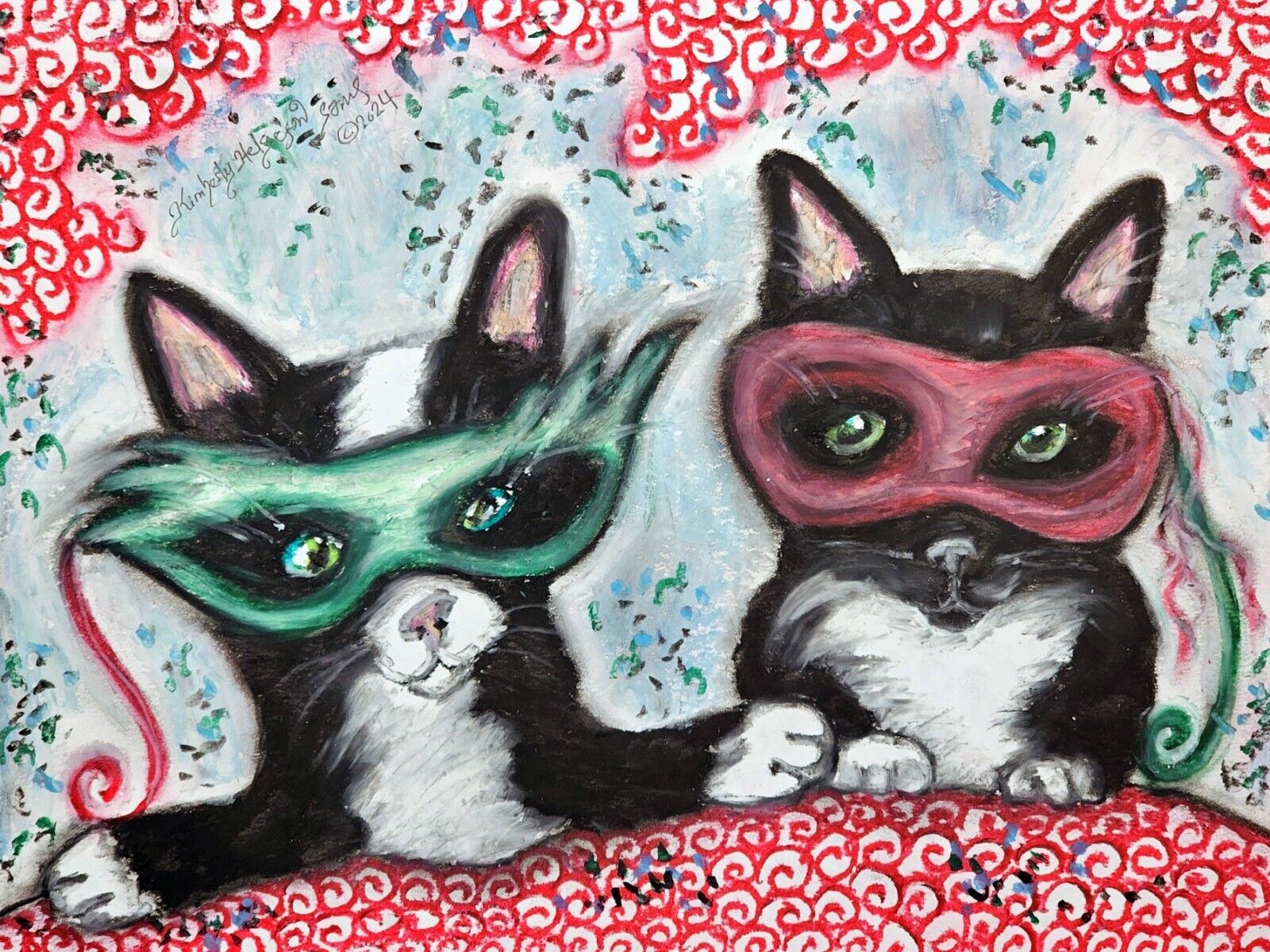 TUXEDO CAT Masquerade Original 9 x 12 Pastel Painting Collectible Art by KSams