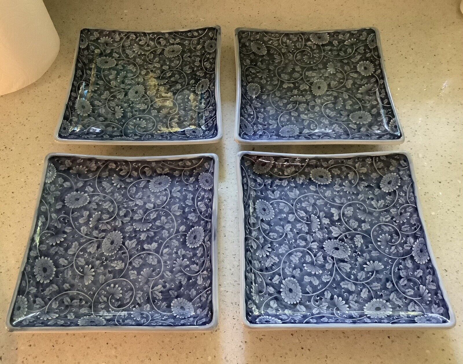 Vintage Set Of 4 Blue & White Chinoiserie Square Porcelain Plates, Heavy