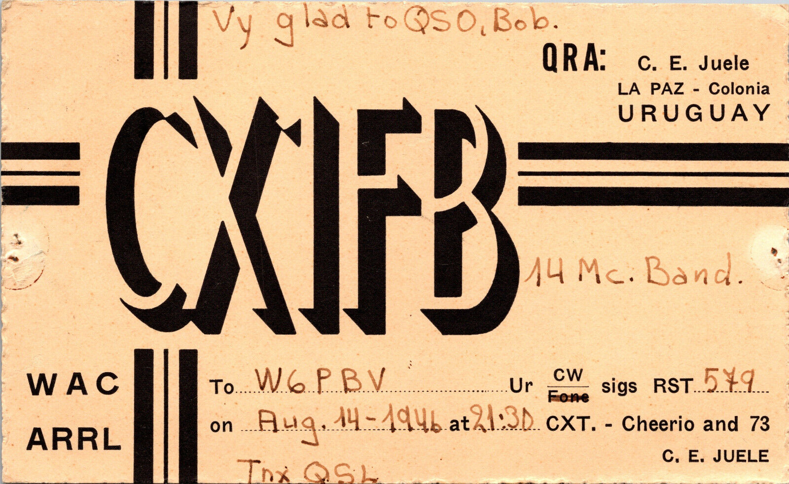 1946 CX1FB La Paz Uruguay Ham Radio Amateur QSL QSO Card Postcard Vtg