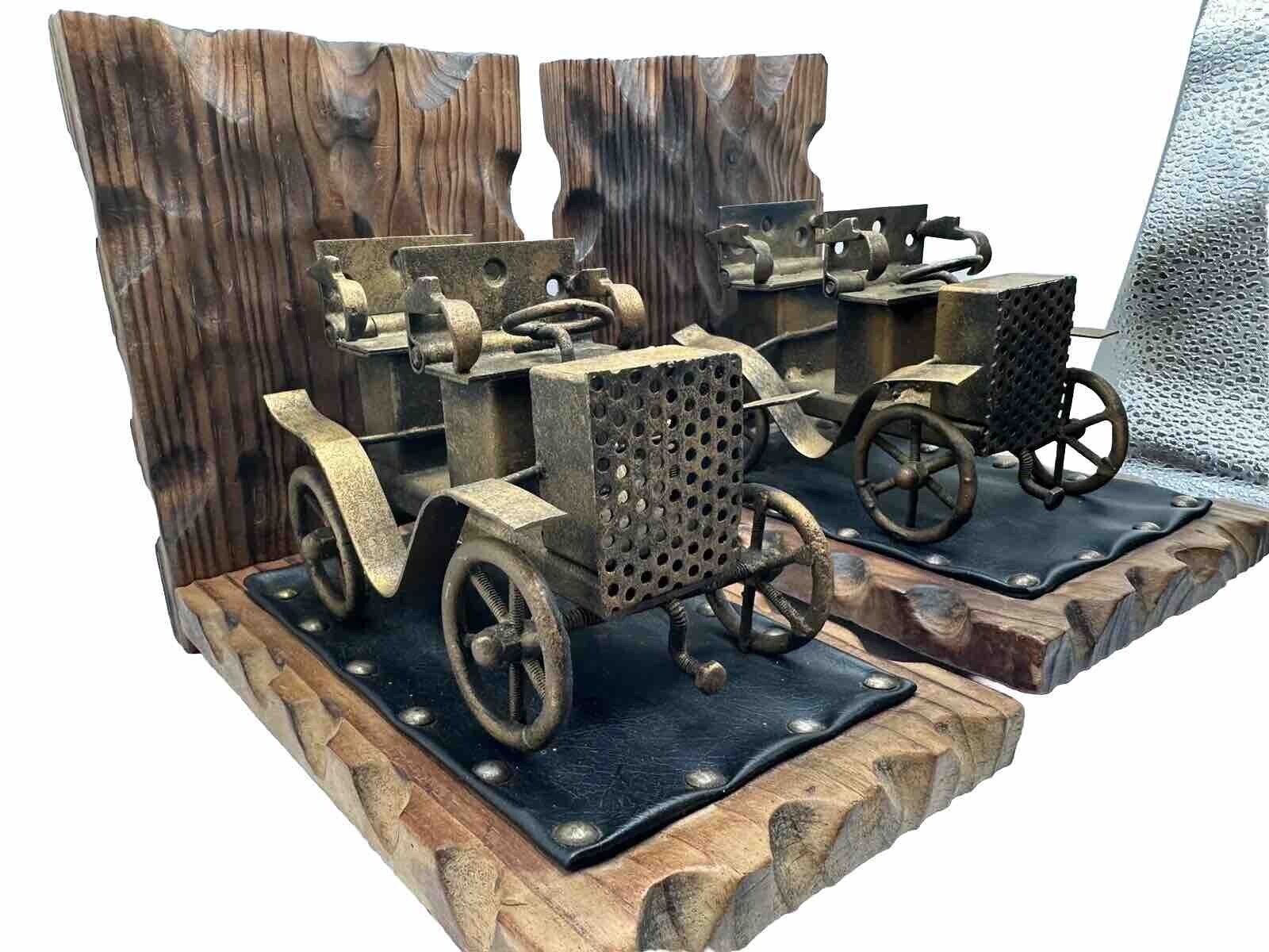 Car Bookends Book Ends Antique Cars Metal Rustic Wood Decor Made in Spain
