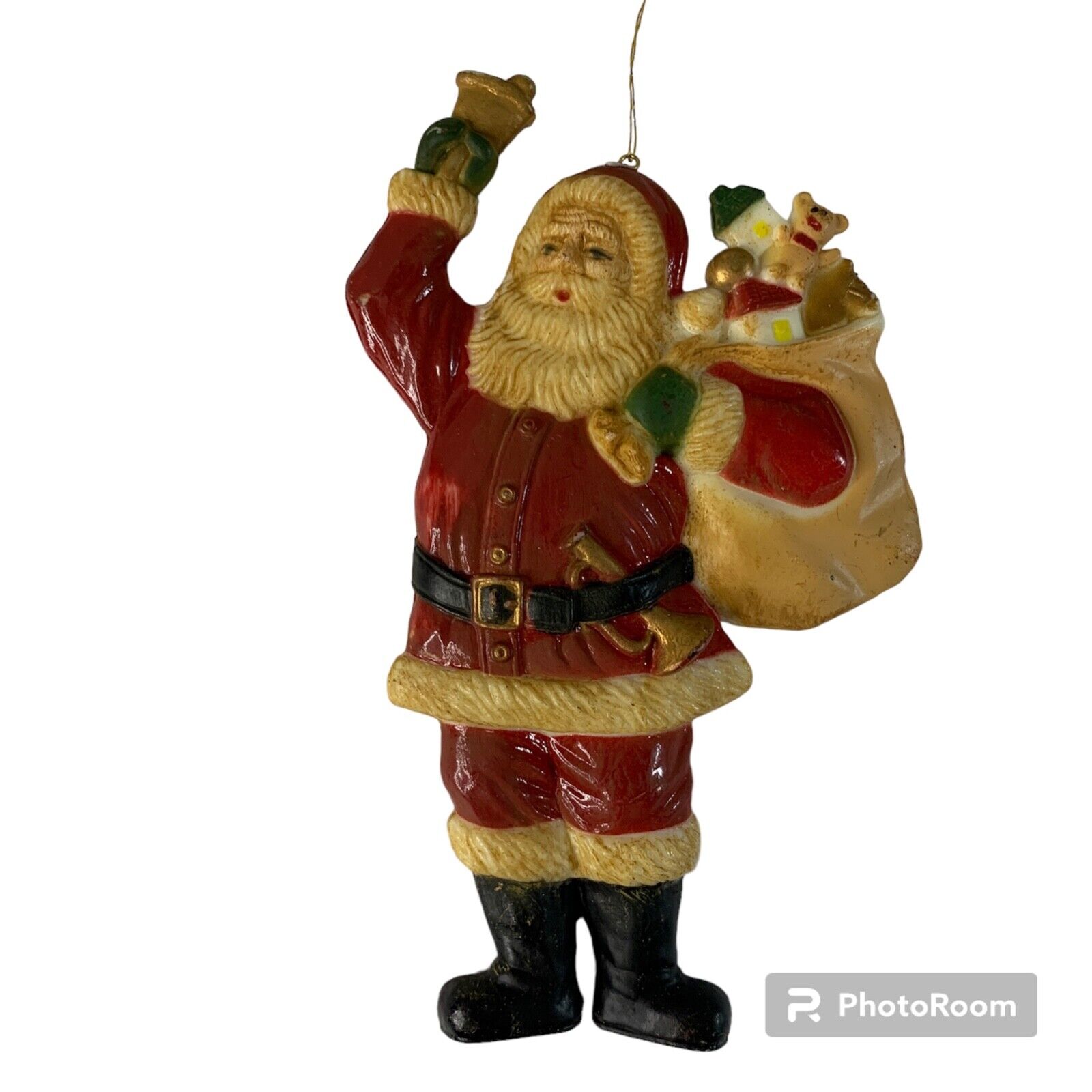 Resin Santa Christmas Ornament Hanging Bell Ringer Sack of Toys Country St. Nick