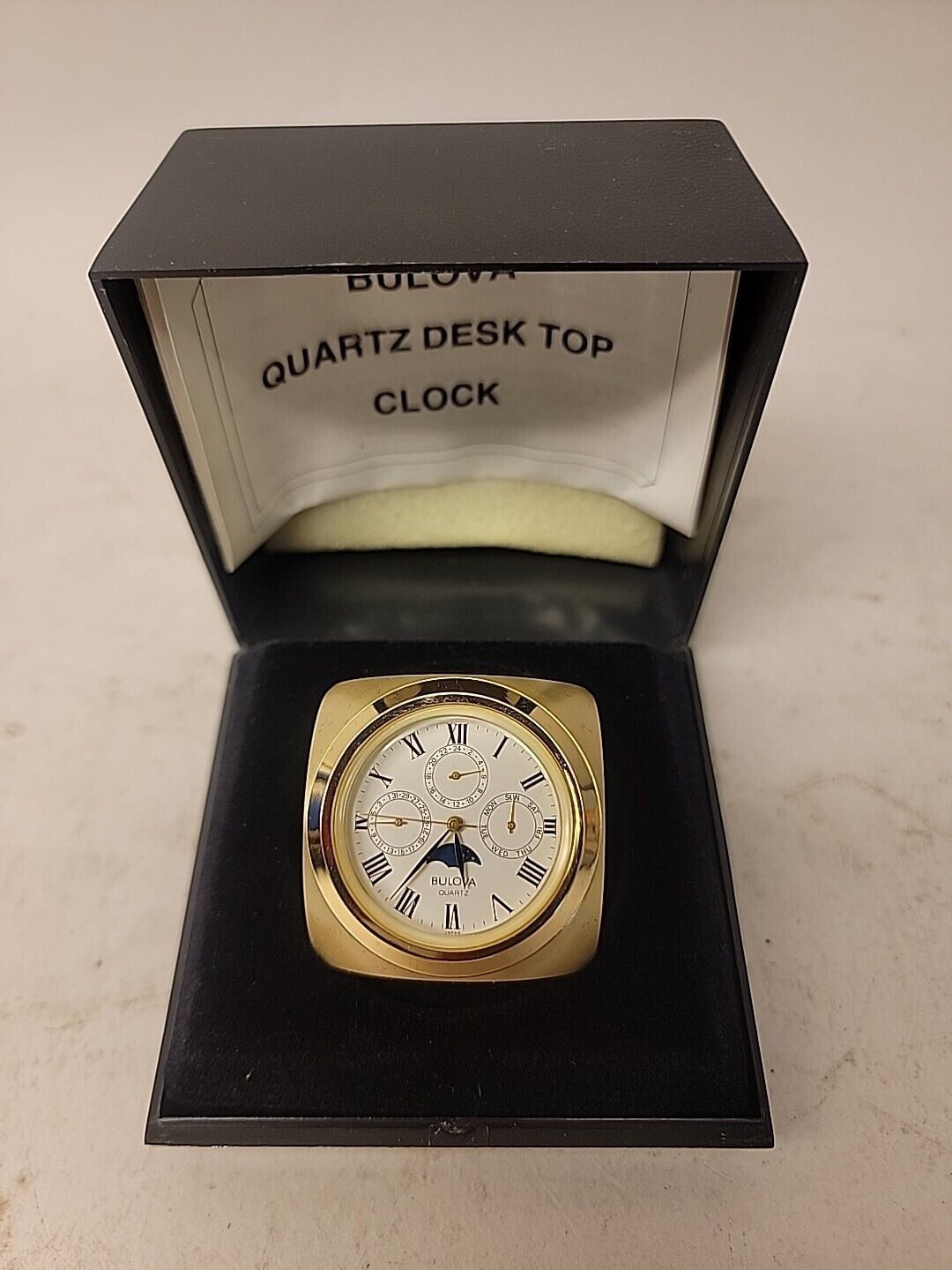 Bulova Miniature Solid Brass Cube Miniature With Date And Moon dial Clock