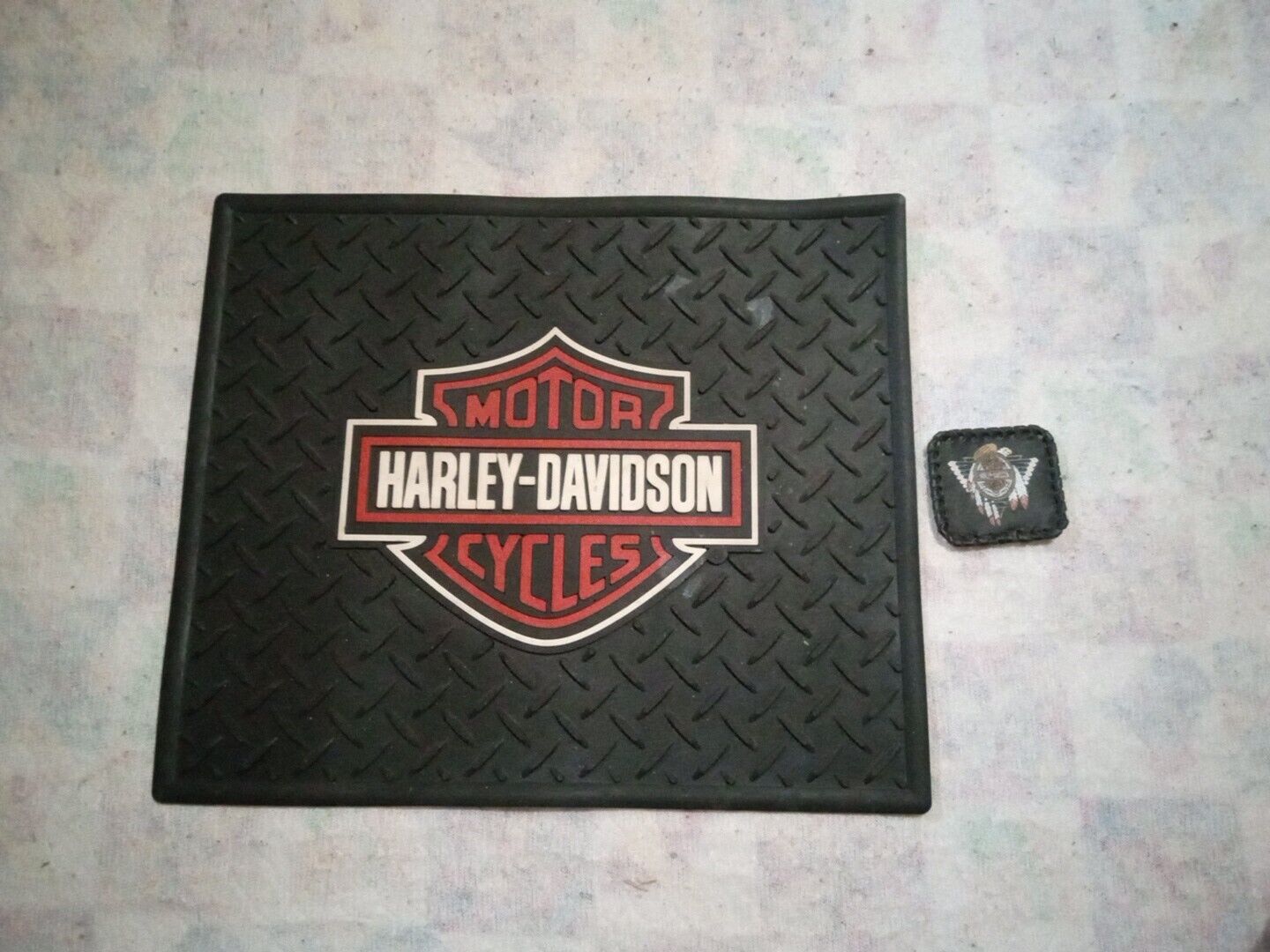 Vintage Harley Davidson Rubber Floor Mat 14in By 16in And Leather Patch Lot Of 2