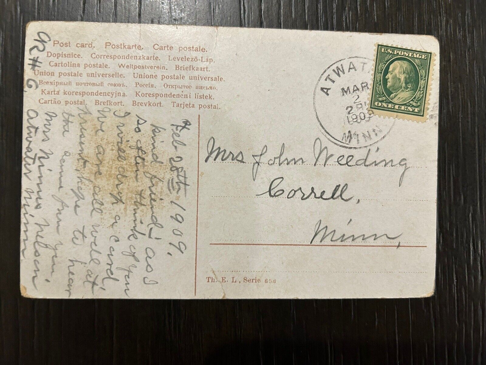 Rare Atwater Minnesota Postcard Used 1909 
