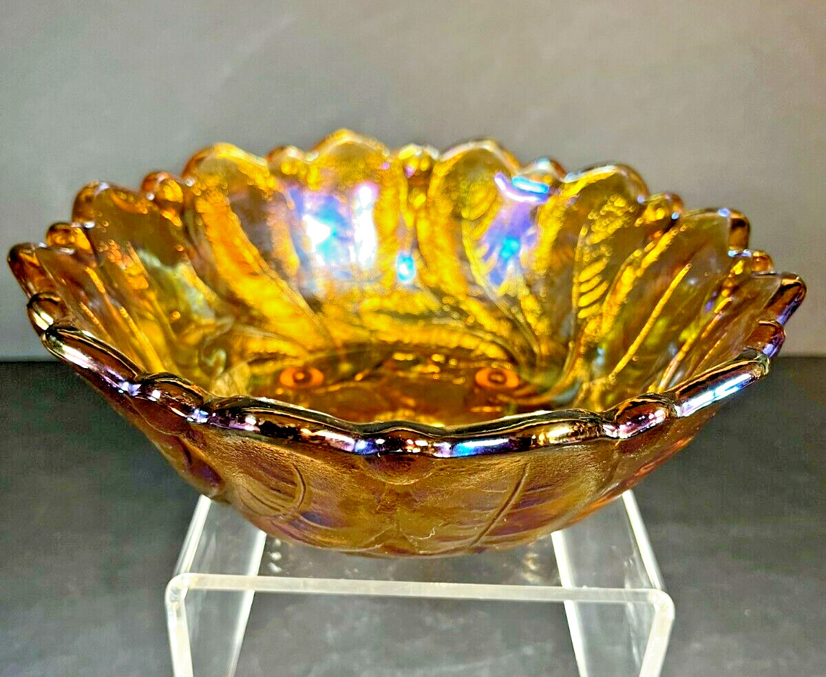 Vintage Carnival Glass by Indiana Glass Co. Amber Wild Rose Serving Bowl