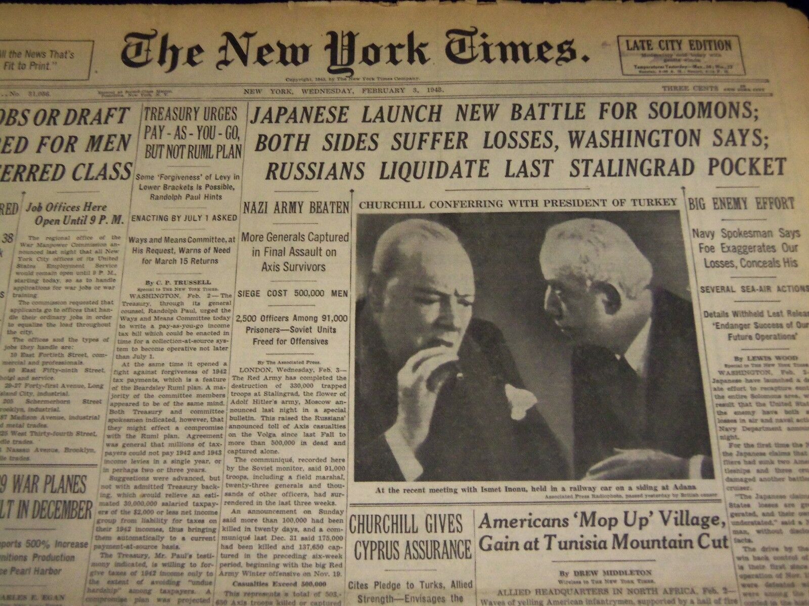 1943 FEB 3 NEW YORK TIMES - JAPANESE LAUNCH NEW BATTLE FOR SOLOMONS - NT 1033