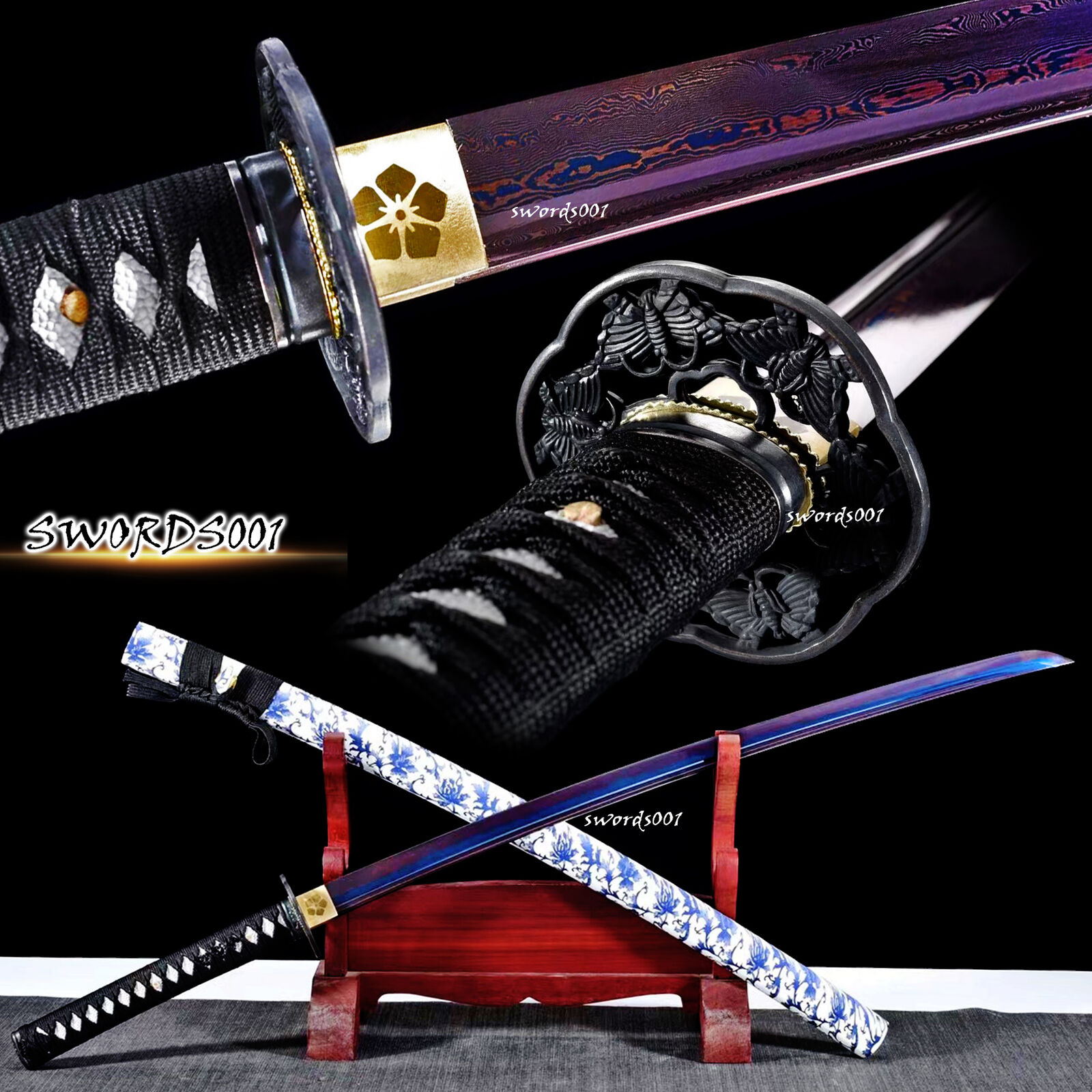 Handmade Blue & Red Folded Steel Blade Japanese Sword Samurai Katana Full Tang