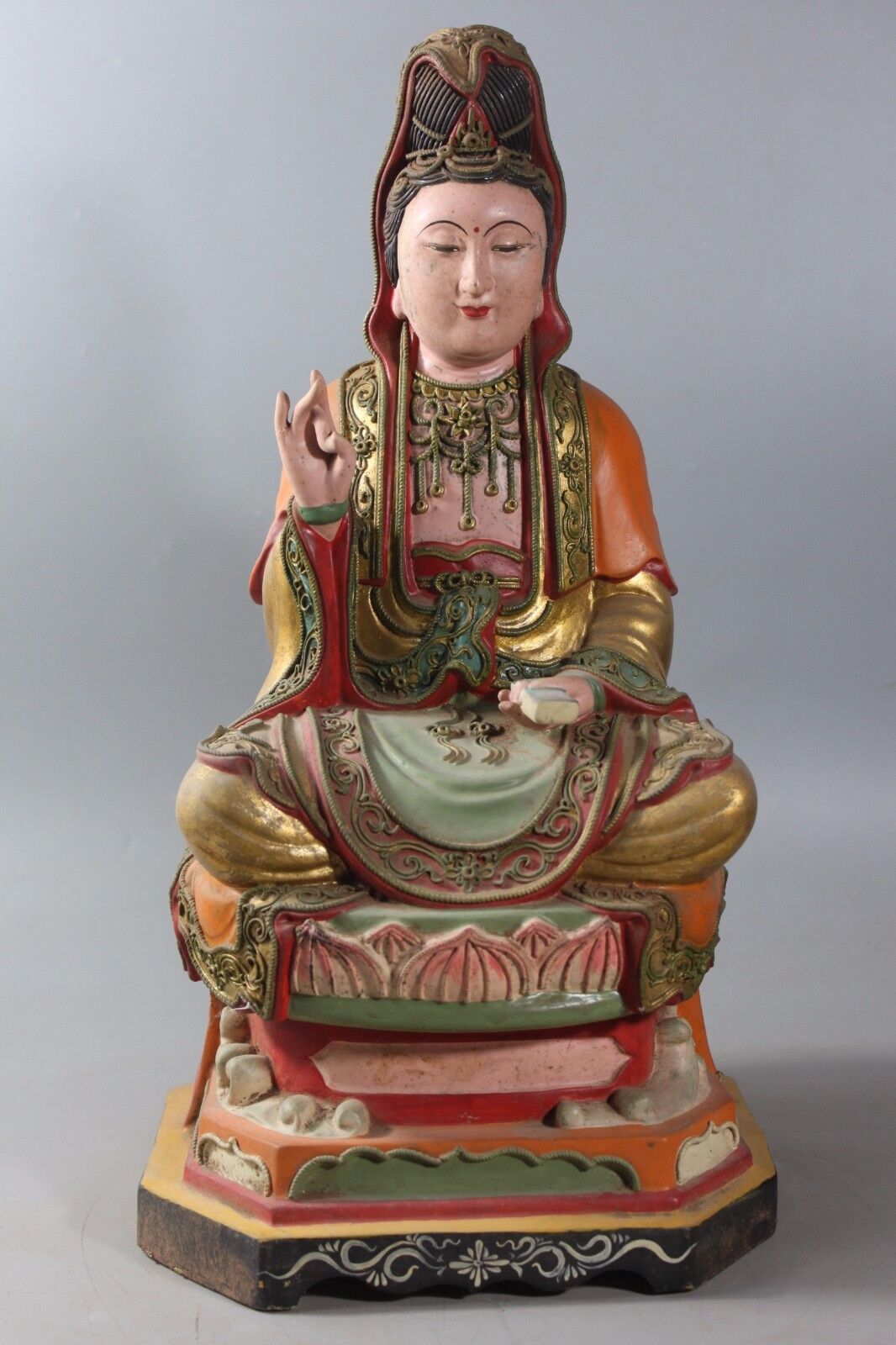 Antique 16” Chinese Kwan-yin Sitting on the Lotus Statue Camphorwood Craft