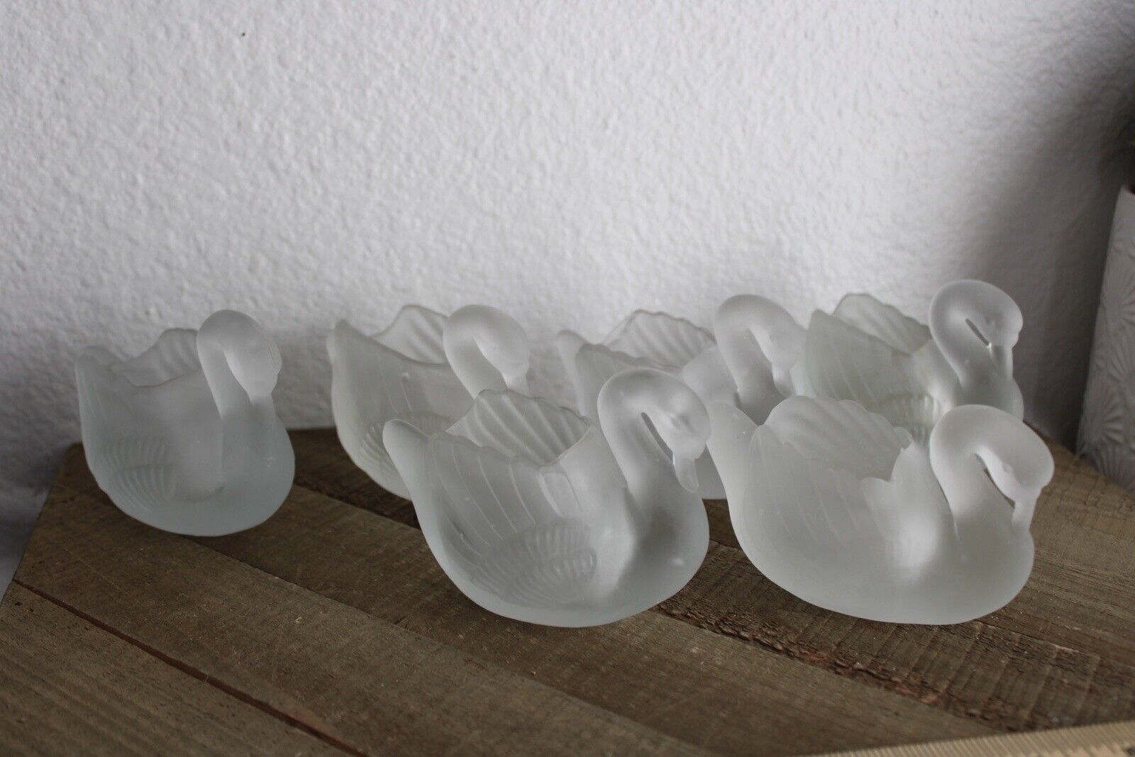 Set Of 6 Vintage Frosted Swan Glass Candle Holder Trinket Dish Taiwan
