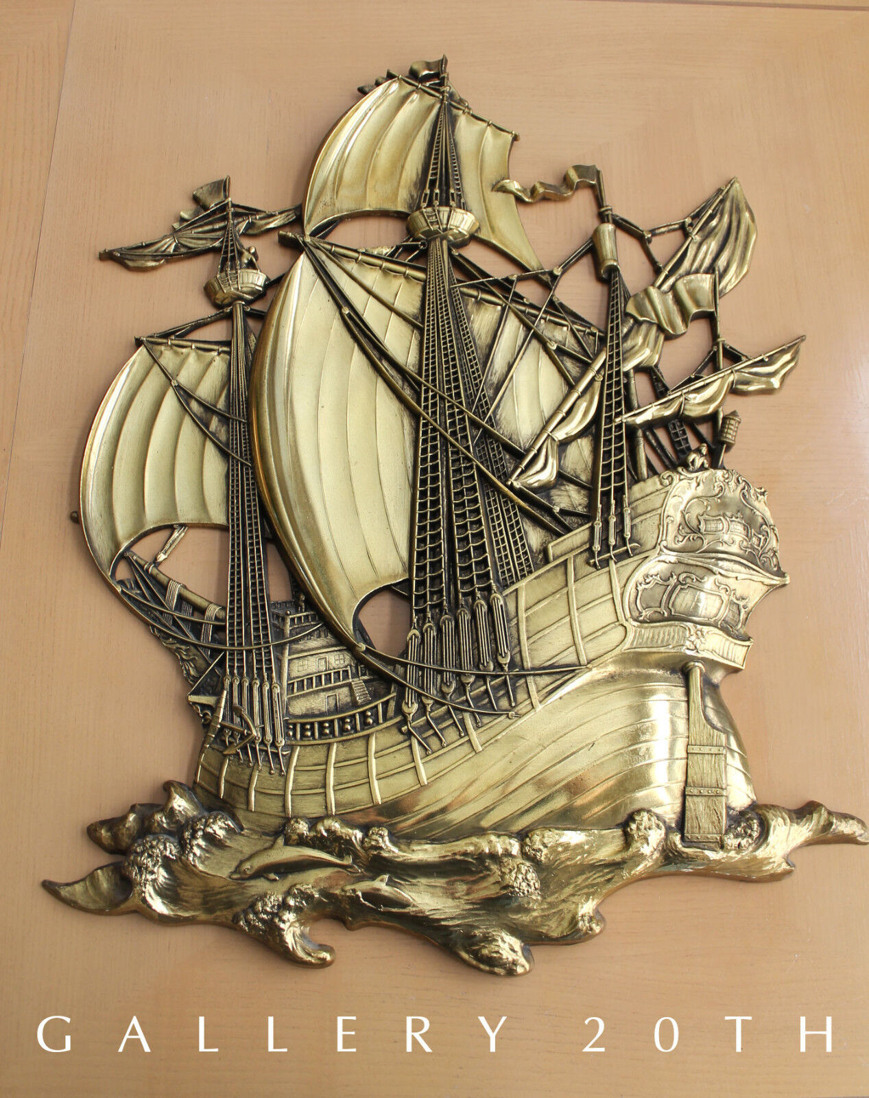 MINTY MID CENTURY REGENCY GOLD SHIP WALL ART VTG SCULPTURE 50'S GALLEON 
