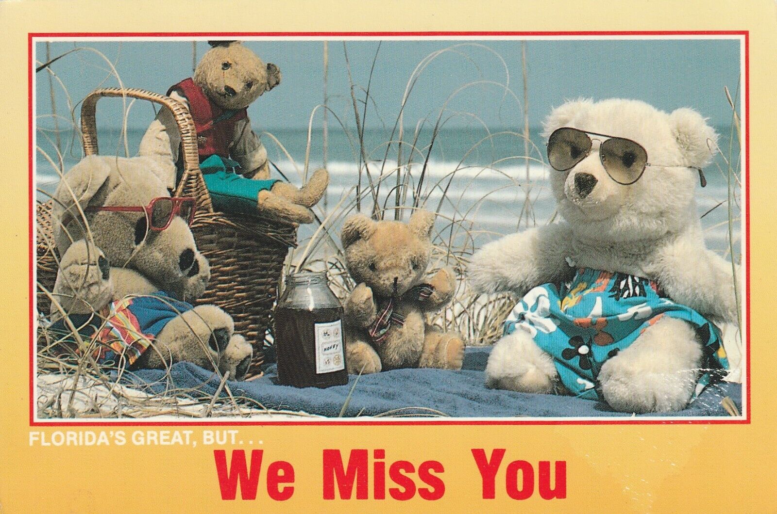 Vintage Postcard Florida We Miss You Teddy Bears Beach Posted Vacation
