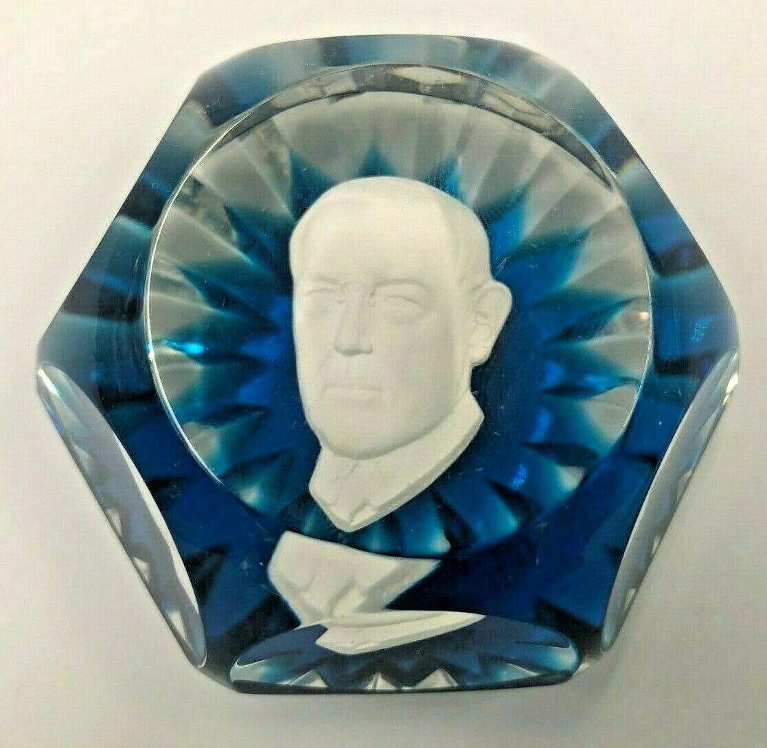 Baccarat France Woodrow Wilson Sulphide Crystal Paperweight Blue