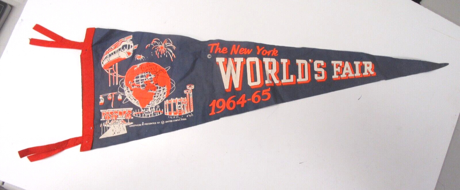 Vintage 1964-65 NY World's Fair Souvenir Pennant Flag Needs Ironing See Pics