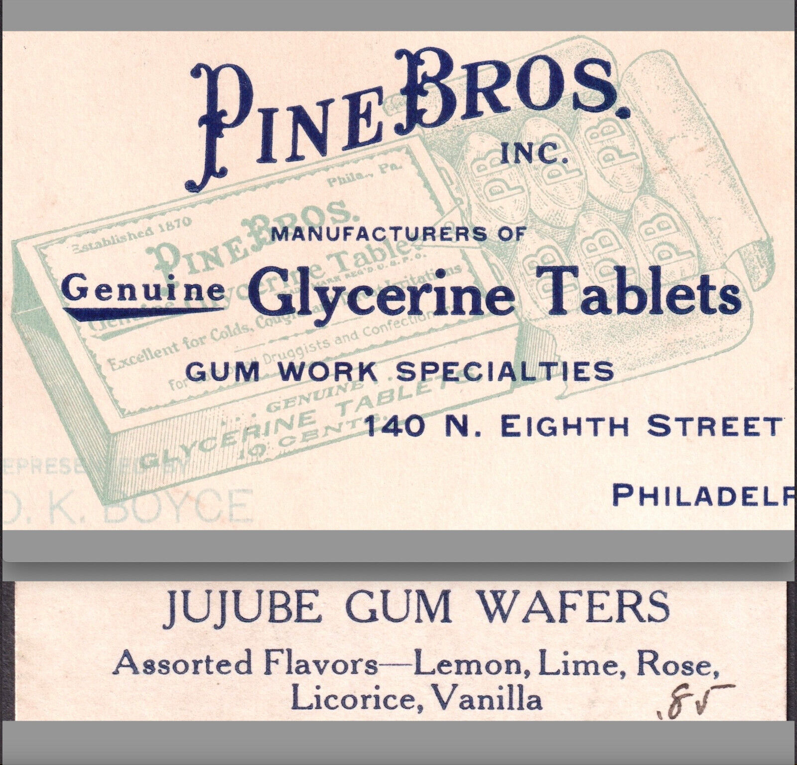 Pine Bros Glycerine Tablets RARE Gum Work Cough Drop Jujube Victorian Trade Card