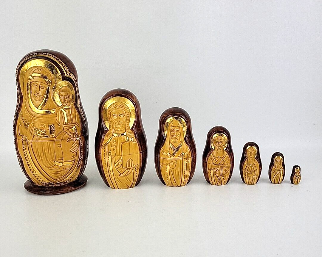 Matryoshka Russian Nesting Doll Set Religious lcons Hand Carved Wood Gold Signed