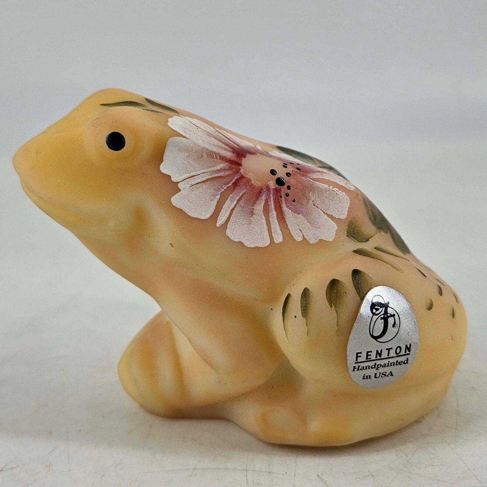 Vintage Fenton Burmese Uranium Glass Hand Painted Frog Figurine w sticker