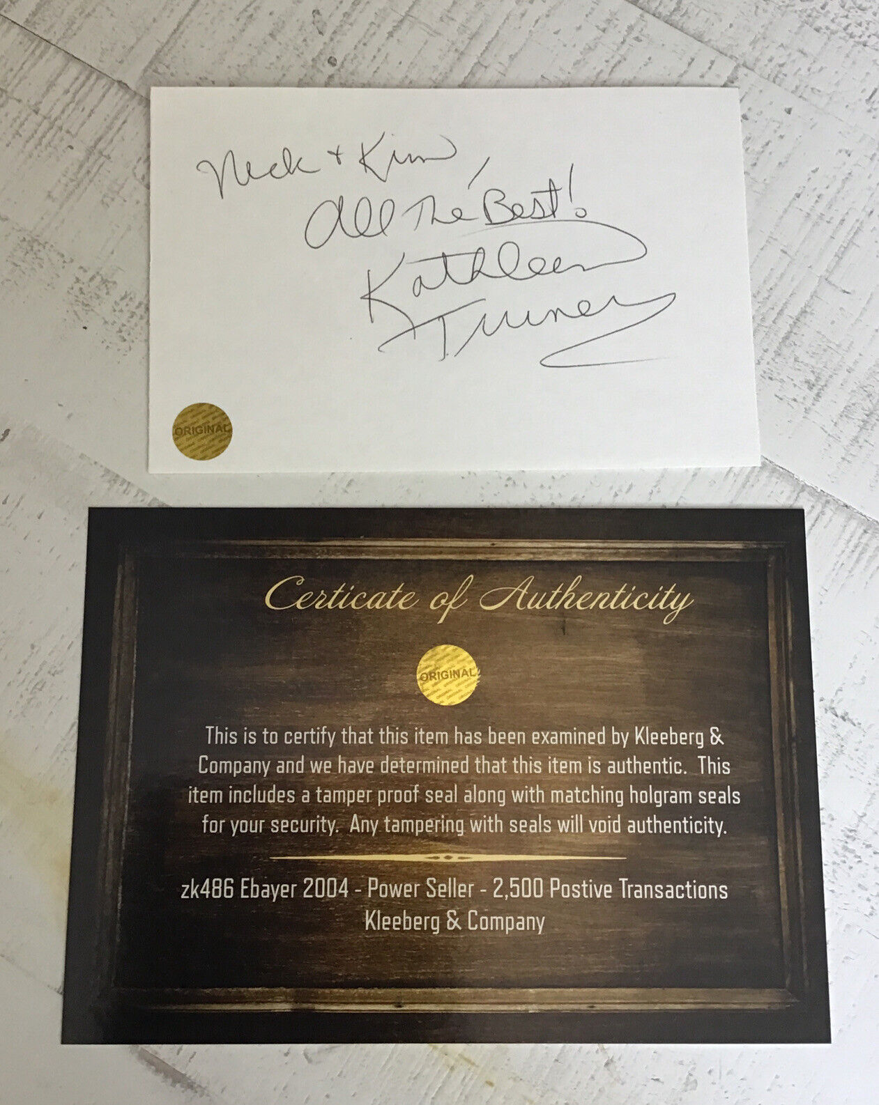 Autograph Kathleen Turner  Index Card COA Romancing The Stone Actress