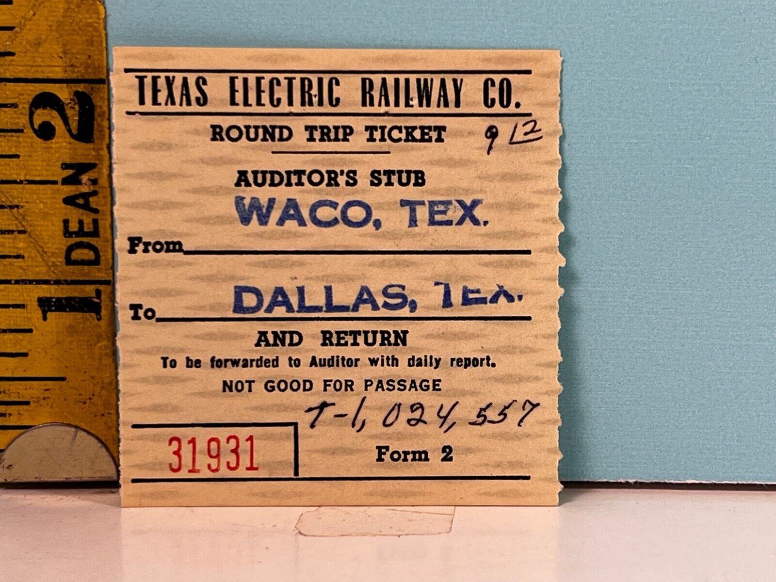Vintage Texas Electric Railway Co Round Trip  Waco, Tx to Dallas, Tx Ticket stub