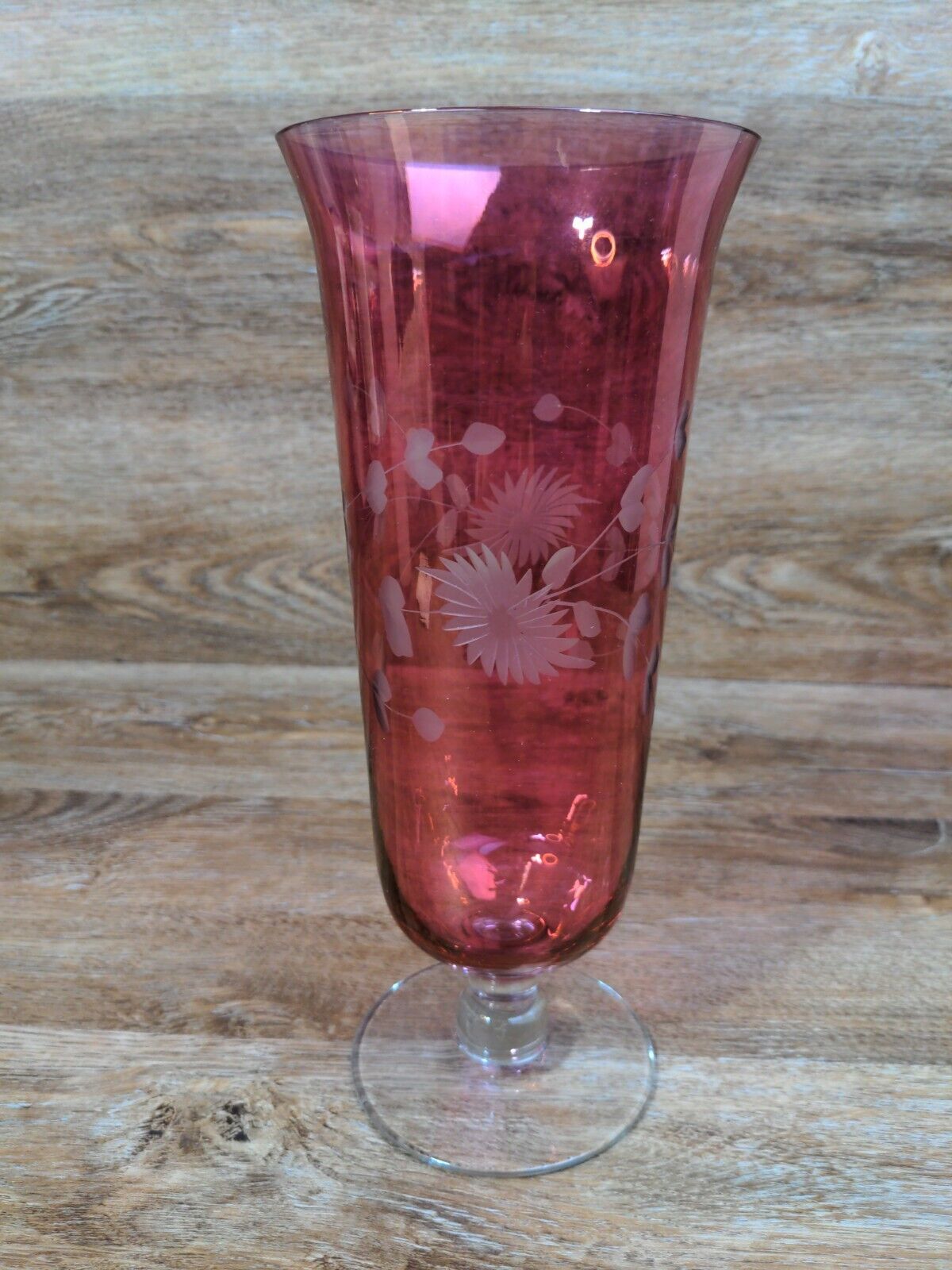 Vintage Cranberry Pink Etched Footed Vase - 10\