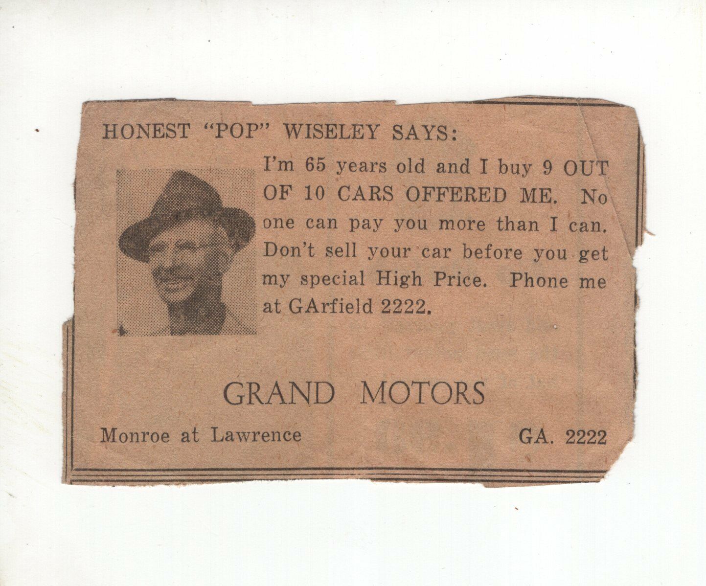 1930s - 1940s? Newspaper Ad for Honest Pop Wisely at Grand Motors