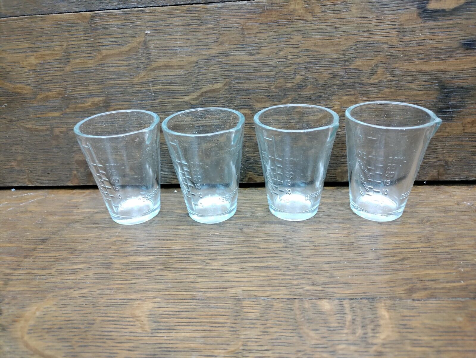 4 Vintage NOS 50ml Dose Glass W/ Spout. SCIENCE SHOT GLASSES Pharmacy Apothecary