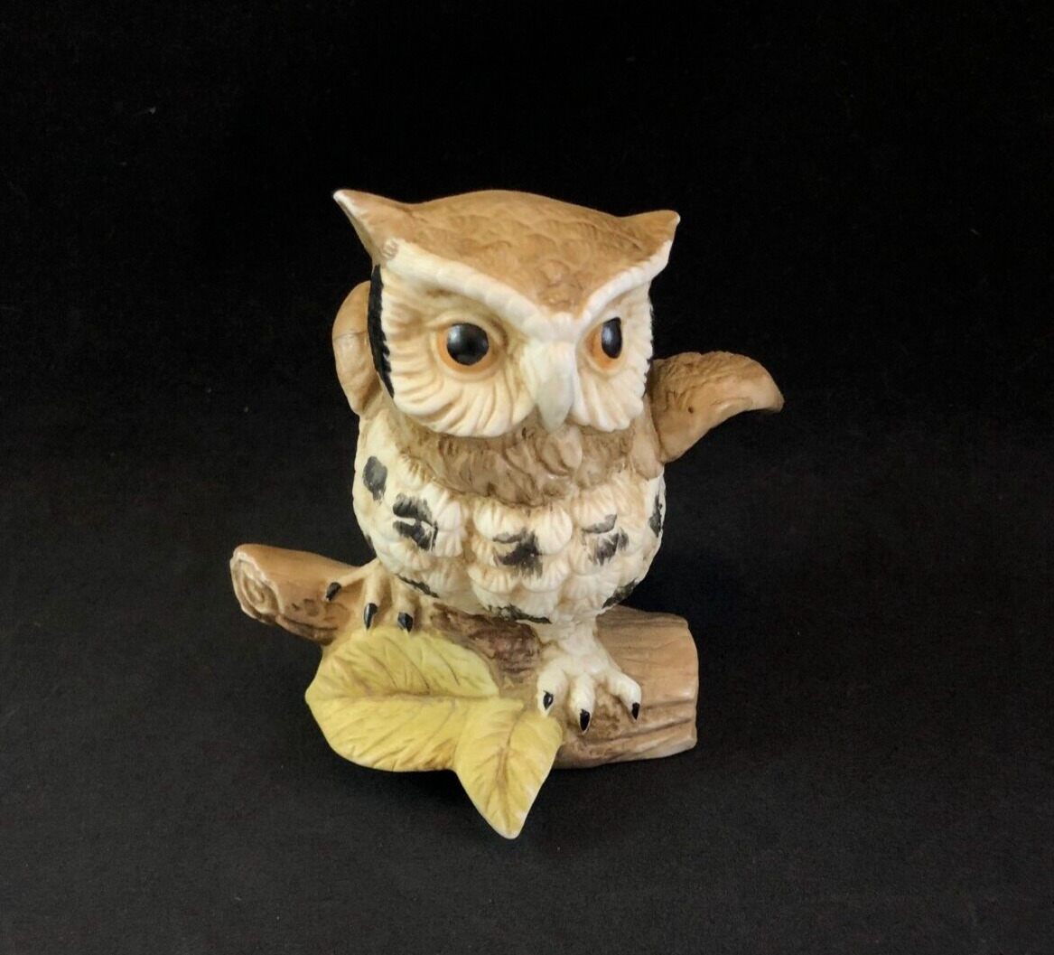 Vintage Ceramic Owl Figurine Owl Perched on Branch with Leaves