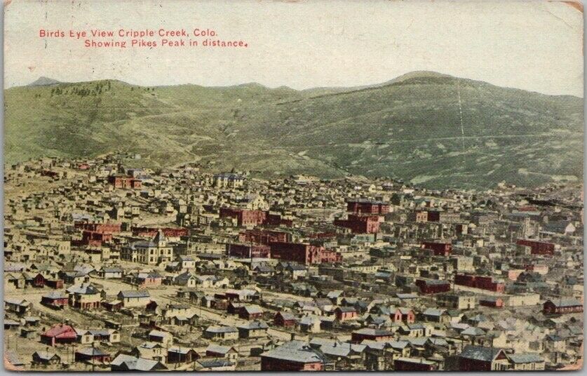 CRIPPLE CREEK, Colorado Postcard Bird's-Eye View w/ Pike's Peak - 1913 Cancel